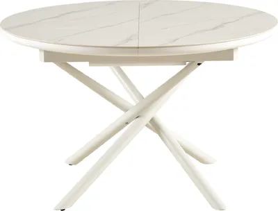 A round dining table with a white marble-look top and a white criss-cross base, set against a white background.