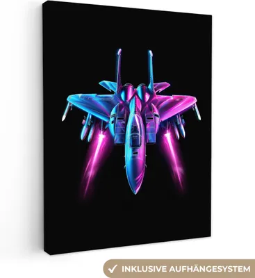 Produktbild von MuchoWow® - Leinwandbilder - Düsenjäger - Blau - Farben - Jungen - Schwarz, Wandbild, Wanddeko Bilder Wohnzimmer, 90x120 cm