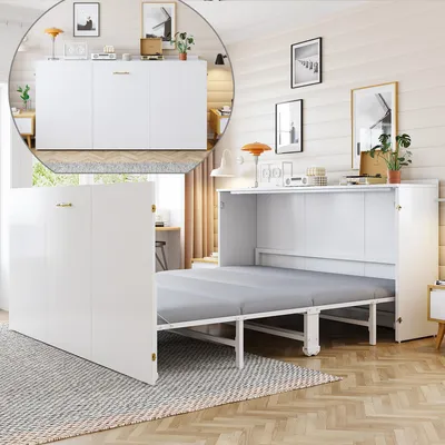 Obrázek produktu pro Skládací postel Flieks 140 x 200 cm s lněnou matrací, skládací postel s kovovým rámem a kolečky, skládací postel typu Murphy, postel pro mládež, postel pro hosty, rozkládací, bílá