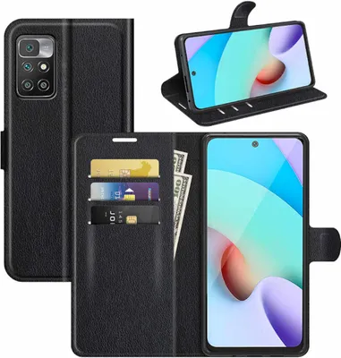 A collage of images showing a black leather wallet-style phone case for a Xiaomi Redmi 10, with the phone inserted and open, displaying cards and cash.