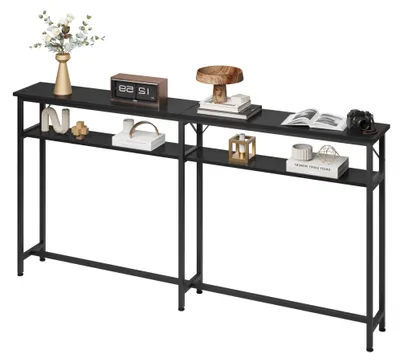 Produktbild von Schmaler Konsolentisch 180 cm mit 2 Ablagen – Sofatisch Flurtisch (Schwarz) im Industrie-Design für Wohnzimmer & Flur