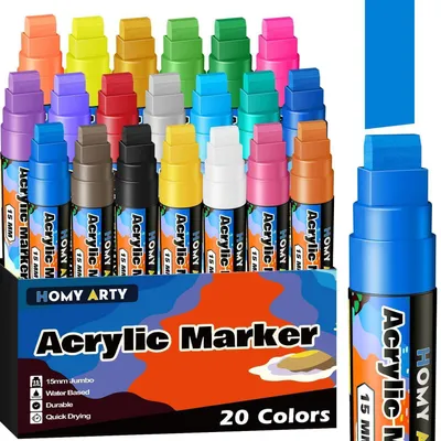 Obrázok produktu pre Akrylové fixky, široká špička 15 mm, 20 farieb. Permanentné, vodeodolné, rýchlo schnúce. Vhodné na sklo, kameň a drevo. Špička 3 v 1