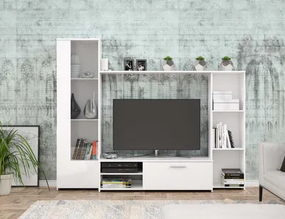 Produktbild von TV-Schrankwandteilchen aus Melamin – mattweiß – Glastür + 1 Klappe + 5 Nischen – 220 x 41 x 177,5 cm