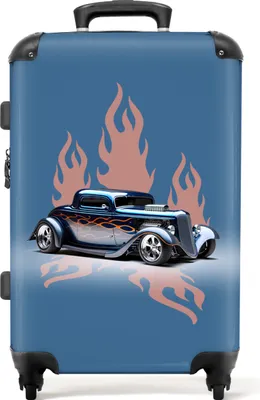 Produktbild von NoBoringSuitcases.com® Großer Koffer - Auto - Blau - Flammen - Vintage - Kombinationsschloss TSA - Hartschalen Trolley 4 Rollen - 72 liter - Reisekoffer - 66 cmKoffer Mittelgroß 67x43x25 cm, 72L,