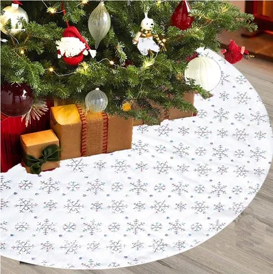 Produktbild von Weihnachtsbaumdecke Christbaumdecke Weiß Plüsch Christbaumteppich Rock Rund Schneeflocken Filz Ø100cm WD02 Silber