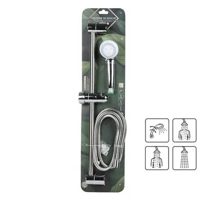 A shower head and hose set packaged on a cardboard backing with product illustrations.