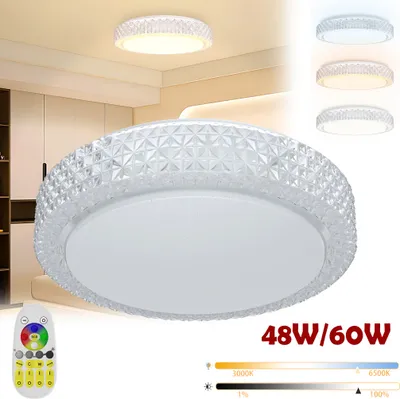 A modern LED ceiling light with a crystal-like textured rim, shown in a room setting with a remote control and color temperature indicators.