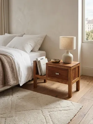 Produktbild von Nachttisch MUMBAI Massiv-Holz Sheesham Nacht-Kommode 40 cm hoch Schublade mit Zeitungsablage Nachtschrank Echt-Holz