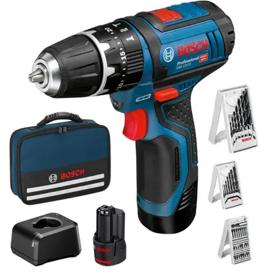 Produktbild von Bosch Schlagbohrschrauber GSB 12 V-15 inkl. 2 Akkus 2,0 Ah, Ladegerät, Tasche, 39 tlg. Zubehör