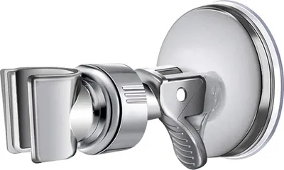 A chrome-plated shower head holder with a suction cup mount.