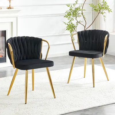 Produktbild von okwish Moderner Esszimmerstuhl mit Geflochtenem Rückenlehne, Posterstuhl mit Metallbeinen,ergonomisches Design, Küchenstuhl Schwarz+Gold