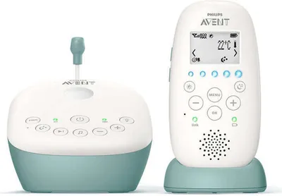 A Philips Avent baby monitor set, consisting of a parent unit and a baby unit, displayed against a white background.