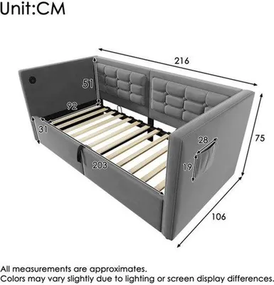 Image de Canapé-lit 90x200 cm - Revêtement en velours et espace de rangement hydraulique - Design moderne gris