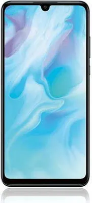 A front-facing view of a black Huawei P30 Lite smartphone with a colorful wallpaper displayed on its screen.