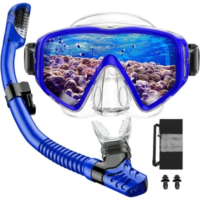 Produktbild von Schnorchelset Erwachsene mit Taucherbrille und Dry Schnorchel, Anti-Leck & Anti-Fog, Gehärtetes Glas, Transparent/Blau