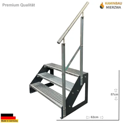 Obrázok produktu pre Voľne stojace oceľové schodisko s 3 stupňami a zábradlím Pozinkované / Stupne antracitové / Zábradlie pravé - (d x š x v) 62cm x 120cm x 57cm