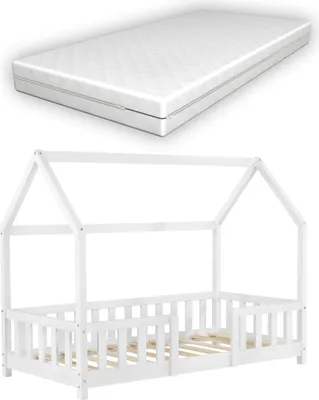 Produktbild von Detská posteľ "Sisimiut" v domácom vzhľade s matracom a ochranou proti vypadnutiu borovicové drevo 80 x 160 cm biela