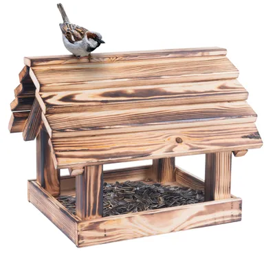 Zdjęcie produktu dla Woodygift Karmnik dla ptaków drewniany wiszący XXL opalany 35x35x28 cm ogrodowy na balkon taras zewnętrzny na ziarno
