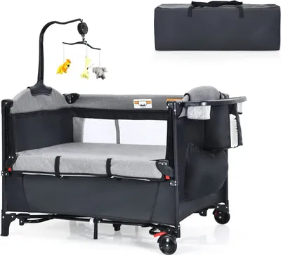 Produktbild von 5 in 1 Reisebett, Baby Bett Laufstall bis 15 kg, Beistellbett mit Wickeltisch, Babyschaukel mit Matratze 120 x 60cm(Schwarz)