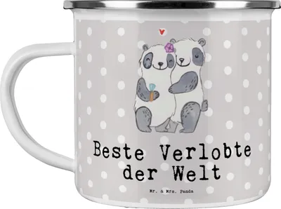 Produktbild von Mr. & Mrs. Panda Emaille Tasse Panda Beste Verlobte der Welt - Grau Pastell - Geschenk, Freundin, Geschenkidee, metallbecher, Verloben, Hochzeit, Blechtasse, Verlobung