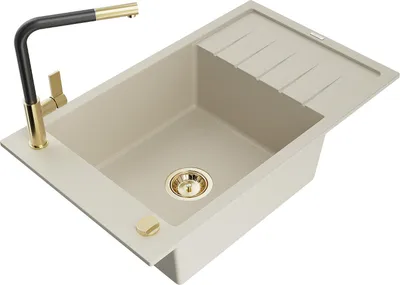 Produktbild von Mexen Elias Granitspüle 1-beckig mit Abtropffläche und Küchenarmatur Flora, beige - 6511-69-670401-57-G