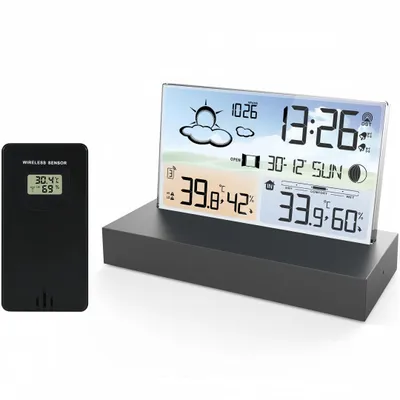 Produktbild von Wetterstation mit Farbdisplay – 4 Helligkeitsstufen, Innen-/Außentemperatur & -feuchtigkeit, 12h Wettervorhersage, 2 Alarme – für Zuhause & Garten
