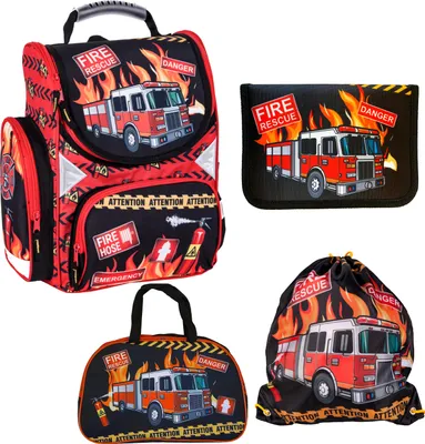Produktbild von Feuerwehr Firefighters Schulranzen Grundschule ergonomischer Ranzen Federmappe Federtasche Federmäppchen ohne Inhalt Turnbeutel Sporttasche 4er Set Fire