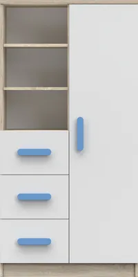 Produktbild von Kinderzimmer-Set Schrank Wandregal Kommode Schreibtisch blaue Griffe Jonas III 01 (Sonoma/Weiß) OHNE MATRATZE