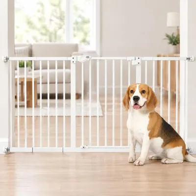 Produktbild von Hundegitter erweiterbar Klemmmontage, Treppenschutzgitter, Absperrgitter Metall, Weiß | 74–147,5 cm | 76,2 cm hoch | Einhandbedienung