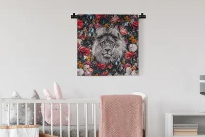 Produktbild von MuchoWow® Wandteppich Wandbehang Löwen - Blumen - Farbe 60x60 cm Tapisserie Dekoration Wandtuch - Dekorationen - Wand Decke
