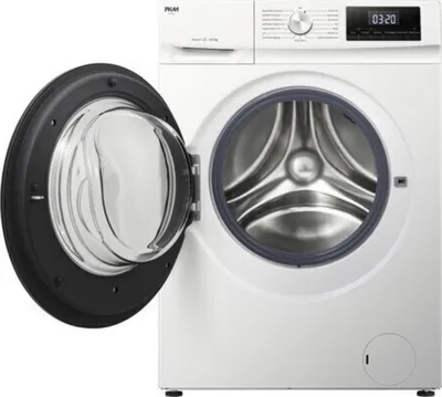 A front-loading washing machine with its door open.