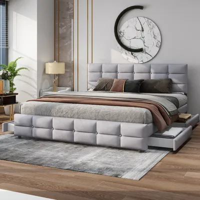 Produktbild von Merax Polsterbett 180x200cm mit höhenverstellbarem Kopfteil und 4 Schubladen, Funktionsbett Doppelbett mit Lattenrost und Samtbezug in Grau