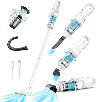 A collage of images showing a white stick vacuum cleaner and its accessories, with some images highlighting its internal components and airflow.