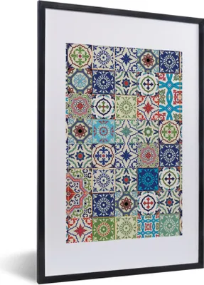 Produktbild von MuchoWow® Gerahmtes Poster Blumen - Muster - Grün - Blau 40x60 cm - Poster mit Schwarzem Bilderrahmen Wandposter Rahmen Foto Bilder - Poster in Rahmen