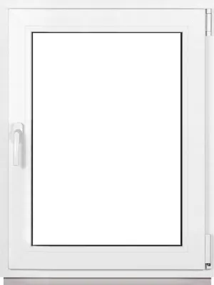 A white window frame with a clear glass pane, shown against a white background.