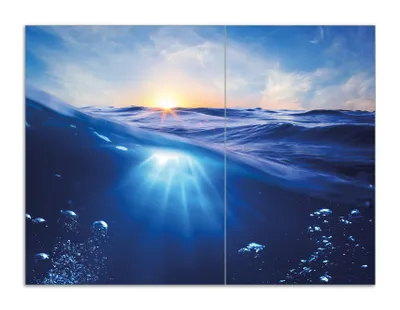 Produktbild von Wallario Herdabdeckplatte aus Glas, Größe 70 x 52 cm 2-teilig, Motiv Wellen im Meer bei Sonnenuntergang