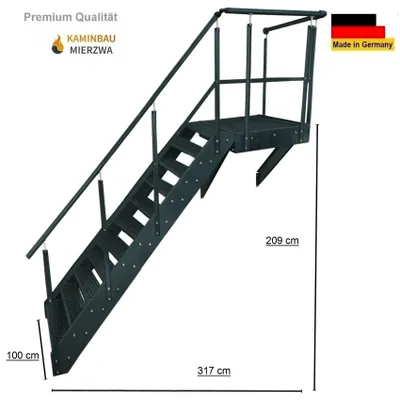 Produktbild von Podesttreppe Wangen- Stahltreppe 11 Stufen Höhe 209cm inklusive Podest 100x100cm mit Geländer Anthrazit / Ausrichtung Treppe Links / Aussentreppe