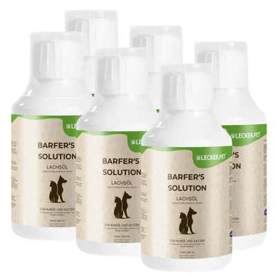 Produktbild von 6 x 500 ml Lecker.Pet® Barfer's Solution 100 % Lachsöl für Hunde & Katzen