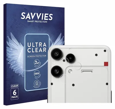 A product box for screen protectors is shown next to a smartphone with camera lenses.