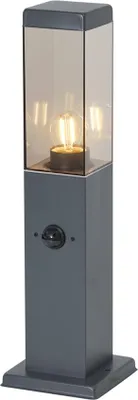Produktbild von QAZQA - Modern Außenleuchte I Sockelleuchte Dunkelgrau mit Rauchglas 45cm IP44 mit Steckdose und Bewegungssensor - Malios I Außenbeleuchtung - Edelstahl Rechteckig - LED geeignet E27