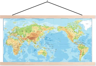 Produktbild von MuchoWow® Textilposter Weltkarte - Atlas - Farben 60x30 cm mit holzfarbenen Rahmen - Dekoration