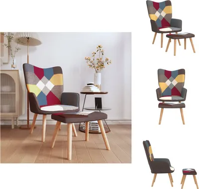A collage of a patchwork fabric armchair with a matching ottoman, shown from different angles and in a room setting.
