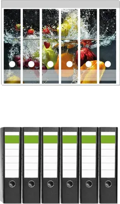 Produktbild von Wallario 6 Stück breite Ordner inkl. Klebeetiketten mit Motive Früchte im und unter Wasser - Splashing Fruits -  Set mit Rückenschildern / Ordnerrücken Stickern