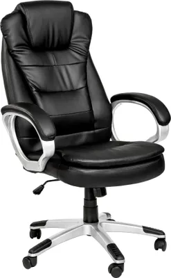 A black executive office chair with silver accents against a white background.