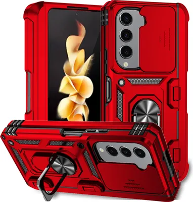 Produktbild von Hülle für Samsung Galaxy Z Fold 5 mit Scharnierschutz, Schiebe Kamera Schutz und Ringhalter Ständer Dual Layer Schutzhülle Rot