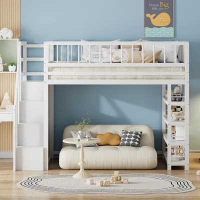 Produktbild von Hochbett mit Kleiderschrank Regalen und Stauraum Sicherheitskletterleiter Kinderbett Jugendbett Multifunktionsbett Massivholzbett 90 x 200 cm