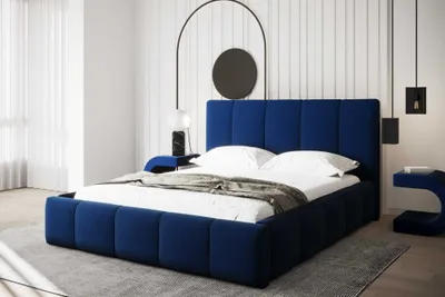 Produktbild von AGMAT Polsterbett MEDIOLAN mit Kopfteil, 180 x 200 cm, Doppelbett mit Bettkasten und Lattenrost aus Metall, Velourstoff: Blau