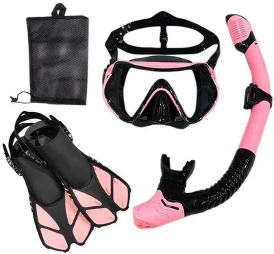 Produktbild von Snorkelausrüstung für Erwachsene - Gesichtsmaske, Flossen, Snorkelsatz - Panoramablickmaske - Wanderflossen - Trockensnorkel - 3-teiliges Set für Freiwassertauchen - Schwimmtauchset - Größe L/XL (42-45)