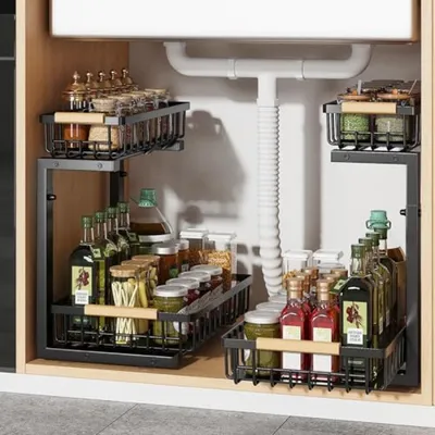 Productafbeelding van PromoHome® Opbergrek voor onder de spoel, 2 stuks - Uitschuifbare keukenorganizer met verstelbare hoogte - Metalen schap voor badkamer en keuken