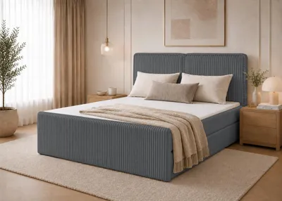 Produktbild von Boxspringbett ALIS Bett mit Bettkästen Doppelbett Stauraum Schlafzimmer Polsterbett aus Cordstoff Bettgestell (160x200, Grau - Tilia 85, topper VISCO)